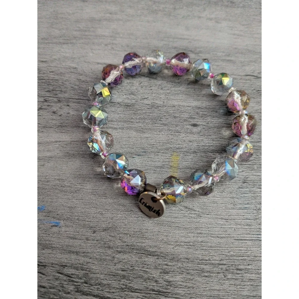 Erimish Iridescent Faceted Glass Bead Stretch Bracelet Purple Pink AB Finish